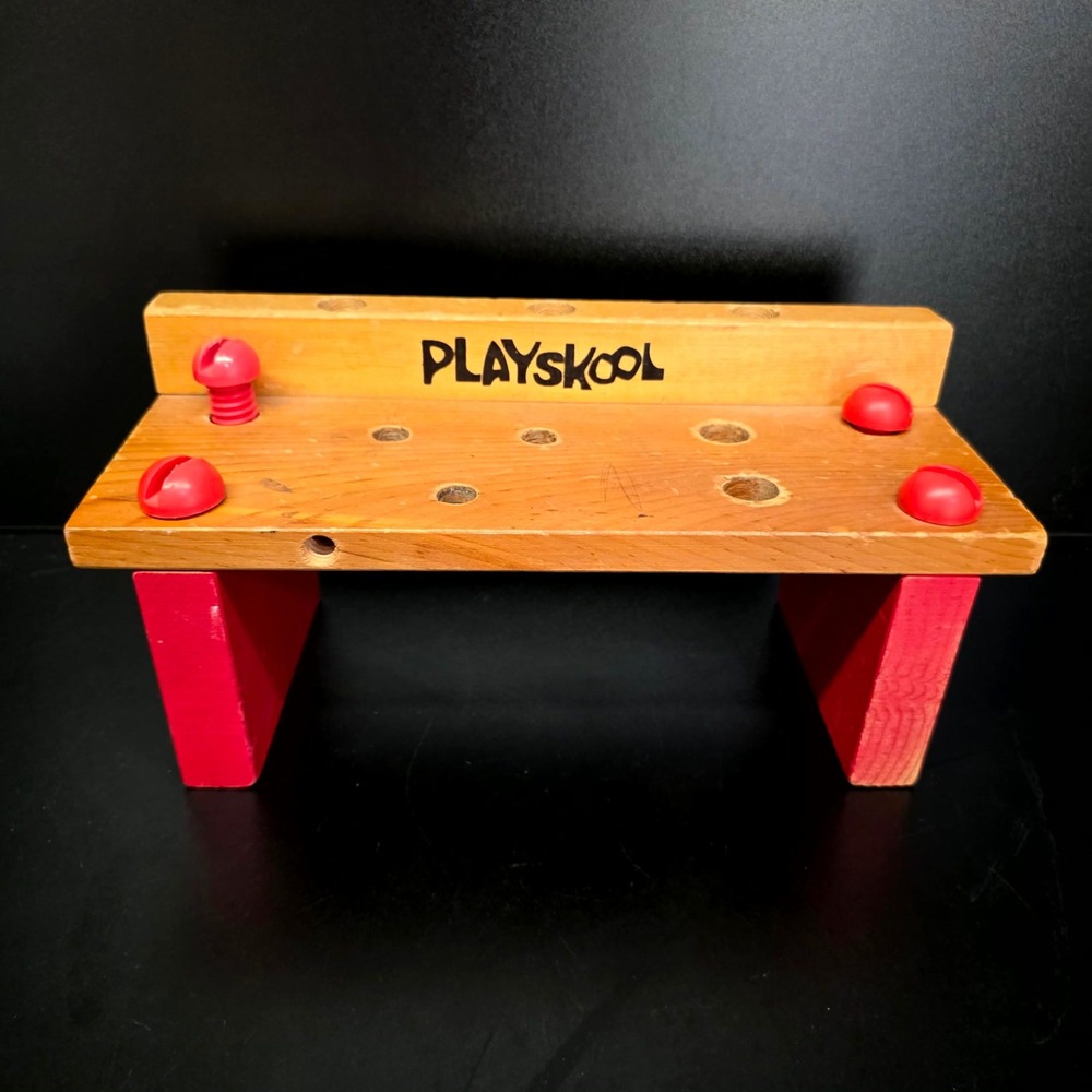 Playskool Wooden Workbench Toy 12in Brown Red Vintage Tool Bench Activity Center